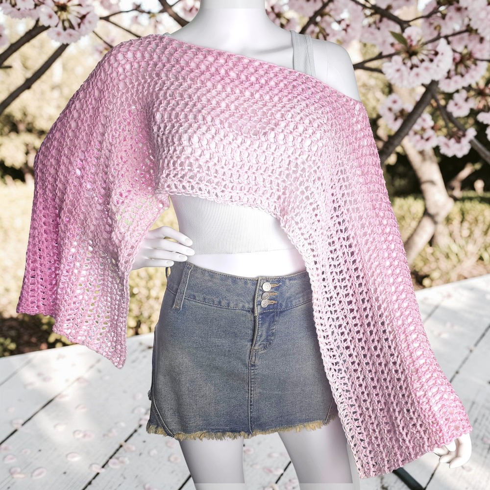 Handmade Crochet Shrug Womens Pink Ombre Open‎ Knit Festival Wrap Shawl